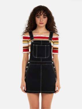 NWOT Black Denim Overalls Dress and Red Striped Crop Top Outfit Set size XS